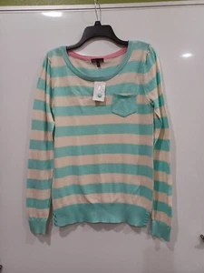 NWT T/O Sweater XL Aqua/White Stried Reverse-seam Pullover Sweater - Picture 1 of 13