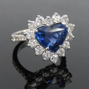 Estate 4.75ct Heart Shape Sapphire & 1.60ct Diamond 18K White Gold Ring Size 8 - Picture 1 of 9