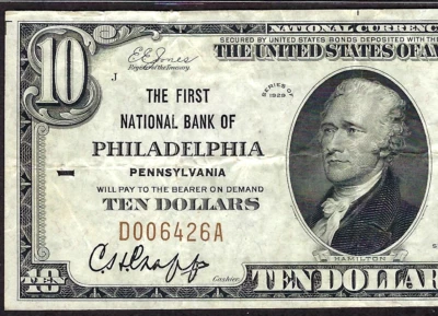 🇺🇸 PA 1929 $10 "CHARTER#1" ♚♚PHILADELPHIA,PENNSYLVANIA♚♚ PMG VF 30 Great Color - Image 1 of 3