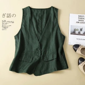 Retro Vest Summer V-neck Casual Sleeveless Gilet Waistcoat Cotton Linen Jacket - Picture 1 of 26