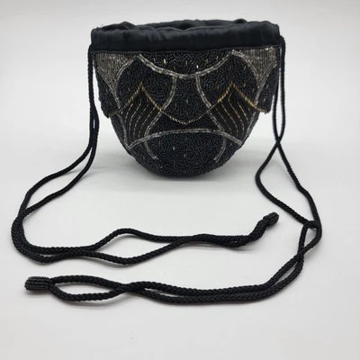 Vintage Beaded Drawstring Pouch Purse Satin Lined Strap Shoulder Bag Beads - Image 1 of 4