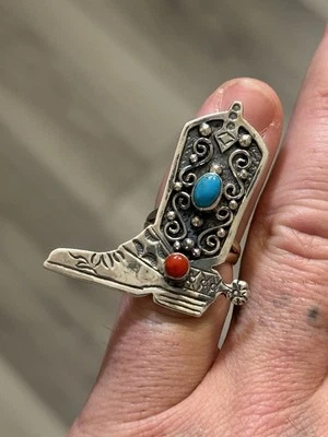 STERLING SILVER NATIVE AMERICAN SW TURQUOISE CORAL COWBOY BOOT 👢 RING SZ 6. 925 - Image 1 of 4