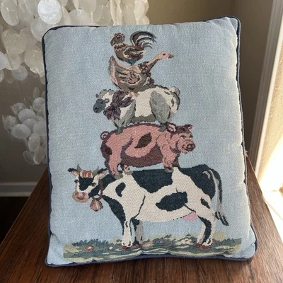 Farm Animal Stack Tapestry Pillow Cow Pig Sheep Rooster French Country Decor - Image 1 of 4