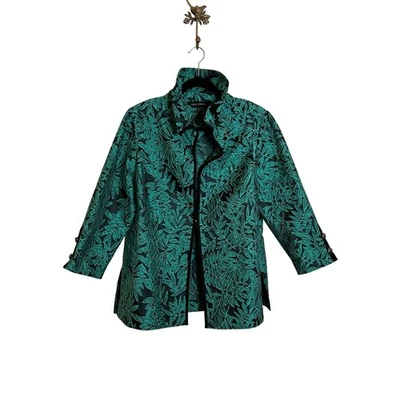 Ming Wang Jacquard Topper Jacket Size M Green Black Leaf Motif Wire Collar - Image 1 of 4