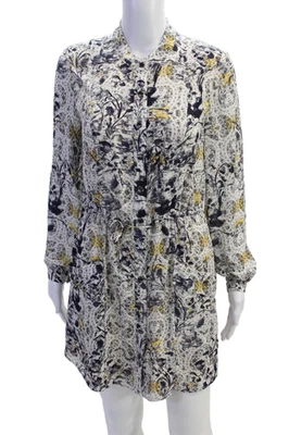 Haute Hippie Womens Long Sleeve Crew Neck Floral Silk Dress White Navy Small - Image 1 of 4
