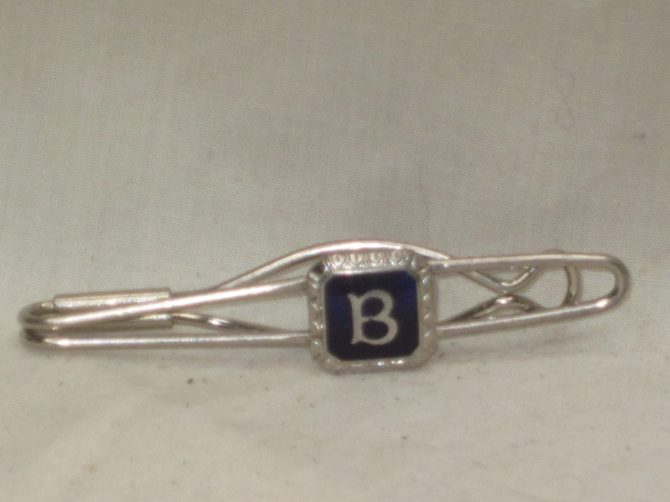 Clip de broche de barra de corbata vintage metal azul esmalte detallado letra B Foto 1 de 4