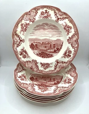 6 Johnson Bros Pink Old Britain Castles Rimmed Soup Bowls - Image 1 of 2