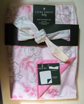 Girls Laura Ashley 2 Pc Pink Floral Reversible Baby Blanket & Headband - Image 1 of 2