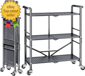 3 Tier Rolling Utility Foldable Cart - Metal Folding Cart with Wheels, Collapsib - Picture 1 of 9