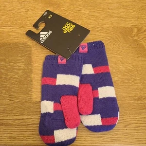 Adidas Stripy Knitted Winter Mittens Gloves Pink/Purple/White. XS BNWT - Picture 1 of 5