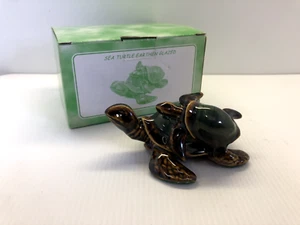 Ceramic Turtle W/Baby Turtle On Back Glazed Brown & Green W/ BOX - Picture 1 of 8