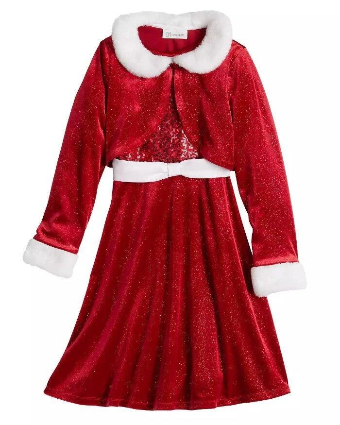 Conjunto de 6 vestidos y cárdigan de Papá Noel de terciopelo rojo y lentejuelas Bonnie Jean para niña nuevo con etiquetas Foto 1 de 1