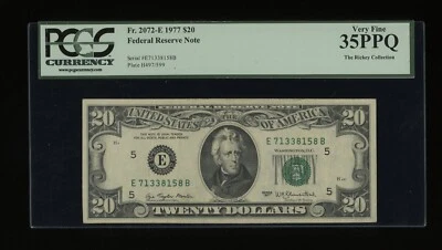 DBR 1977 $20 FRN Richmond Fr. 2072-E PCGS 35 PPQ Serial E71338158B - Image 1 of 2