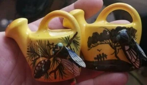 VERY NEAT WATER CAN STYLE HAND PAINTED FIGURAL FLY POTTERY SALT PEPPER SHAKERS - Picture 1 of 9