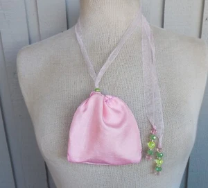 Reversible Pink Rosebud/Yellow Satin Drawstring Necklace Bag Coin Purse Pouch - Picture 1 of 8