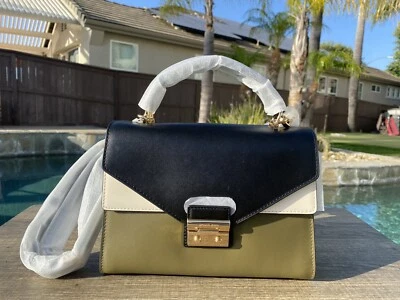 NWT Michael Kors Sloan Medium Top Handle Satchel lock closure bag olive black - Image 1 of 4