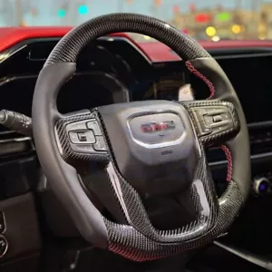 Carbon Fiber Flat Bottom Steering Wheel for GMC Sierra 2019+ w/Paddles Heated - Picture 1 of 10