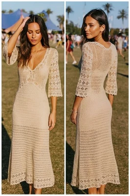 Vestido Boho Crochet Midi Para Mujer Mediano Beige Funda Sin Mangas 3/4 Y2K Western Foto 1 de 4