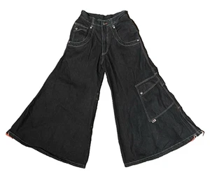 Vntg KikWear Jeans Black w/Red 90s Rave Baggy Wide Leg Cinch JNCO Style Sz 28 - Picture 1 of 19