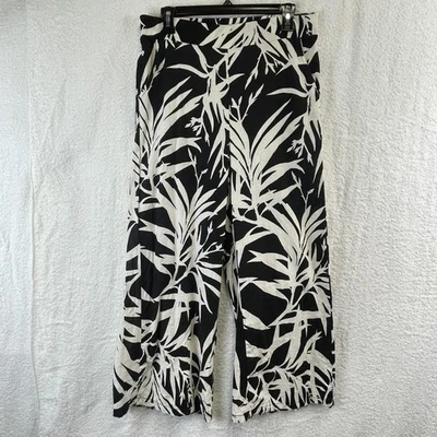 Pantalones Rachel Zoe Mujer Medianos Negro Blanco Lino Pierna Ancha Pull On Tropical Foto 1 de 4