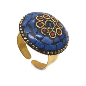 Blue Lapis Lazuli Coral Gemstone Tibetan Brass Jewelry Adjustable Ring j706 - Picture 1 of 6