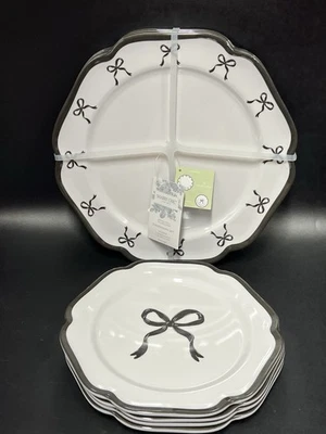 8 Pc Black Bows on White Melamine Dinner & Salad Plates Shabby Chic - Image 1 of 4