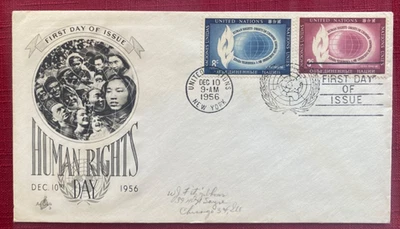 JOHN'S DEALS - UNITED NATIONS 1956 FDC SC#47&48, 3c & 8c  HUMAN RIGHTS UN CACHET - Image 1 of 2