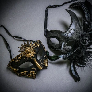 Black Greek & Black Side Feather Glitter Party Masquerade Couple Party Masks - Picture 1 of 1