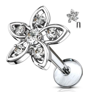 CZ Set Flower Top Lip Labret Conch Tragus Daith Helix Ear Cartilage Studs 16G - Picture 1 of 10