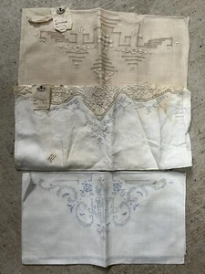 3 ANTIQUE LINENS CIRCA 1900 TEA TOWEL Kitchen w/ Orig Tags Lace Embroidered - Picture 1 of 7
