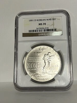 1991 KOREAN WAR  NGC MS70 *PERFECT*  Silver Dollar Commemorative FLASHY WHITE - Image 1 of 2