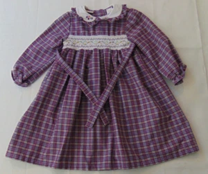 BT Kids Vintage Purple Plaid Smocked Dress Girls 4T Embroidered Long Sleeve Tie - Picture 1 of 8
