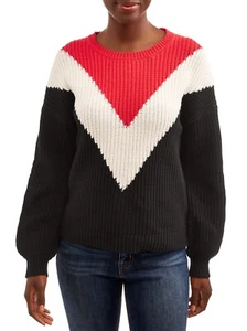 Time and Tru Women's Chevron Shaker Pullover, Black/Red/Winter White, Small 4-6 - Picture 1 of 4