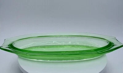 Cambridge Glass Decagon Green Vaseline Celery Dish 11″ (Uranium Glass) - Image 1 of 3