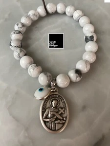White Howlite Bracelet 8mm St Gerard With Evil Eye Saint For Mothers & Fertility - Picture 1 of 1