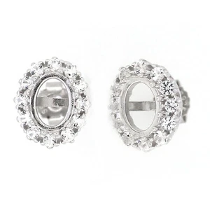 Sterling Silver Semi Mount Earrings Stud Setting Oval OV 8x6mm Topaz Halo - Picture 1 of 2
