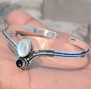 Rainbow Moonstone, Black Onyx Gemstone Bracelet 925 Sterling Silver Cuff Bangle - Picture 1 of 8