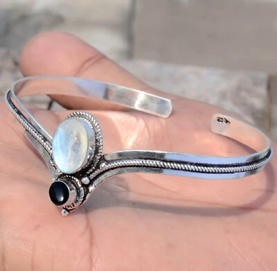 Rainbow Moonstone, Black Onyx Gemstone Bracelet 925 Sterling Silver Cuff Bangle - Image 1 of 4