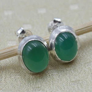 Ohrstecker Sterling Silber 925 Chalcedon Grün Cabochon Jade Ohrringe Oval - Bild 1 von 5