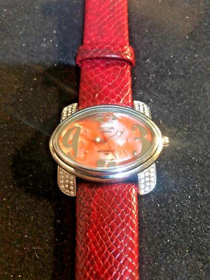 Activa Swiss Oval Watch Silver Tone Case Pearlized Dial Maroon Band NEW BATTERY  - Image 1 of 4