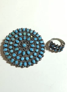 Vintage Native American Sterlingsilber Türkis Cluster Brosche Pin Ring Größe 8 - Bild 1 von 12