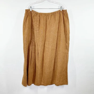 Falda Midi FLAX Marrón 100% Lino Talla 2G 22-24 Cintura Elástica Informal Boho Natural Foto 1 de 4