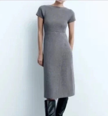 Zara Knit Wool Blend Midi Sweater Dress Women Size Small Gray Front Slit Modern - Image 1 of 4