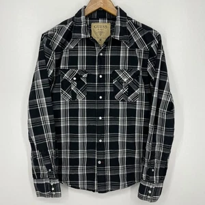 Guess Long Sleeve Button Shirt Men's Size M Black Plaid Print Pearl Snap Western - Picture 1 of 10
