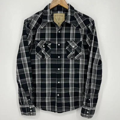 Guess Long Sleeve Button Shirt Men's Size M Black Plaid Print Pearl Snap Western - Image 1 of 4