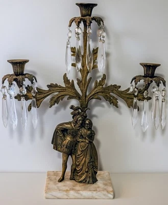 ANTIQUE VICTORIAN BRASS 3 ARM CANDELABRA WITH CRYSTALS & A MARBLE BASE - Image 1 of 4