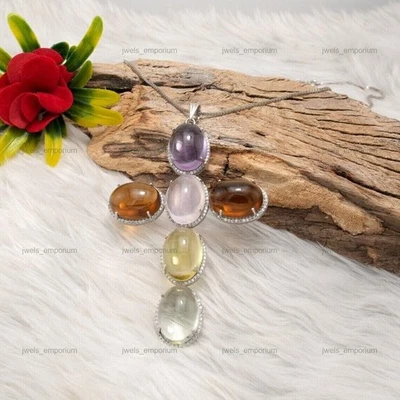 925 Plata Colgante Ovalado Multi Piedras Preciosas Colgante Cruz de Compromiso - Imagen 1 de 4