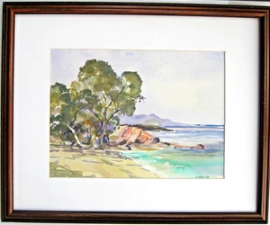 Pintura acuarela Dwight Ashbey (1922-2008) costa tranquila 1988 - Imagen 1 de 3