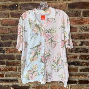 Liz & Co Pink White Floral Color Block Short Sleeve Button Down Top Size Large - Picture 1 of 5