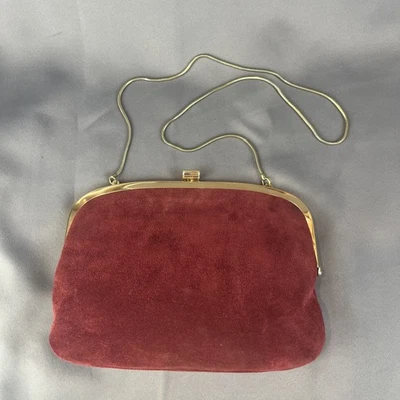 Vintage Burgundy Shirl Miller Ltd. Suede Clutch Purse w/ Gold chain Made In USA - Image 1 of 4